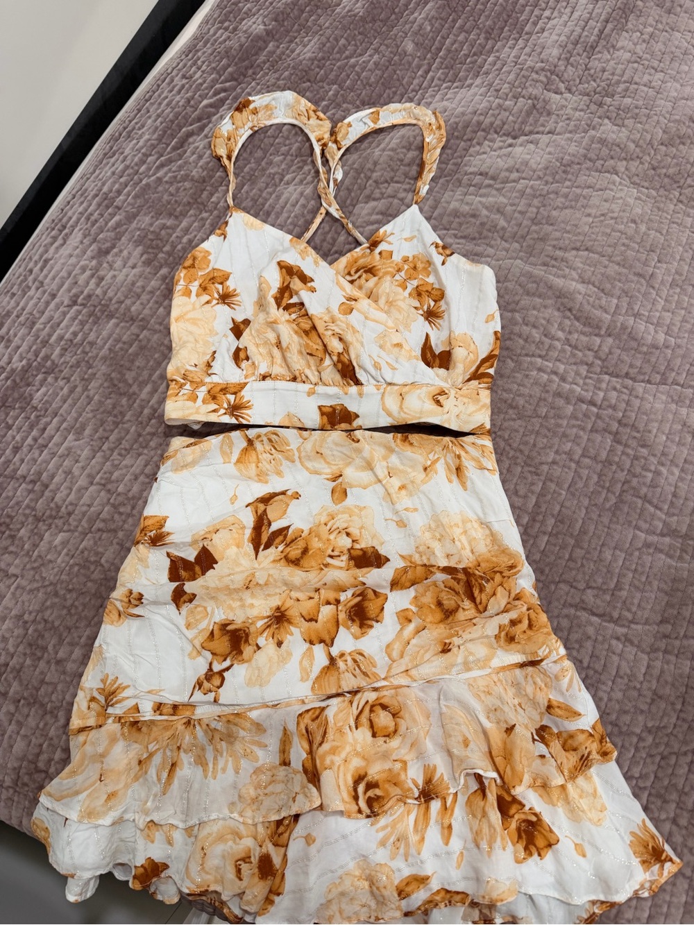 Express White and Tan Floral Ruffle Set
